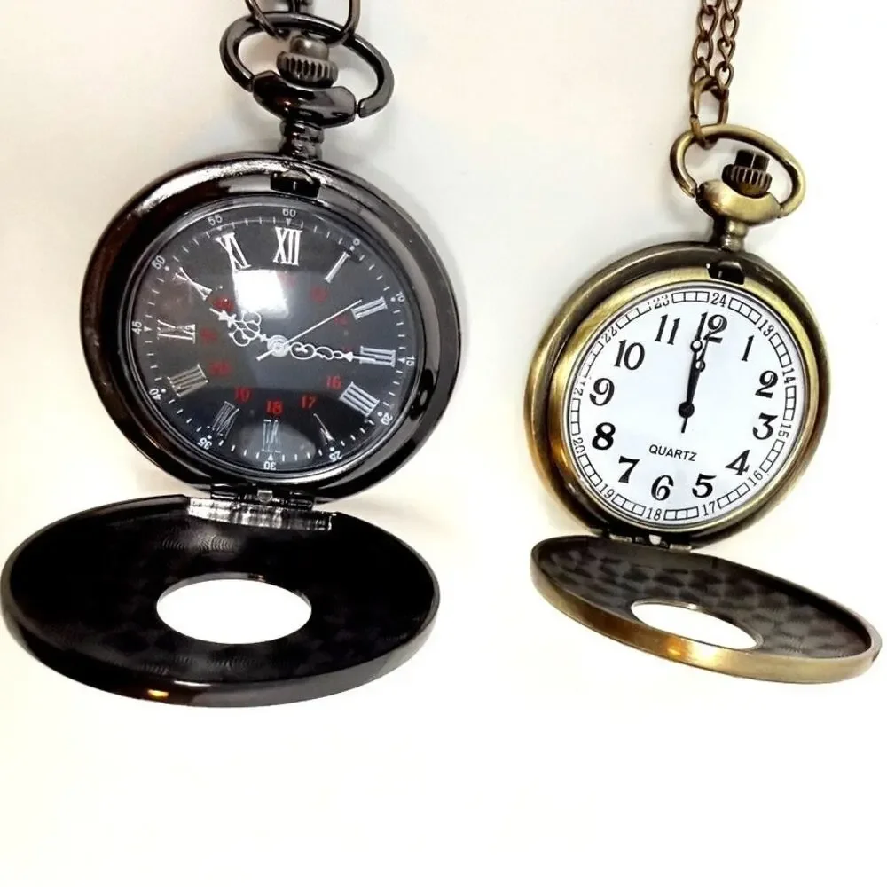 Lot 4 Pocket Watch Locket Pendant Necklaces Silver Gold Tone Wood Repousse